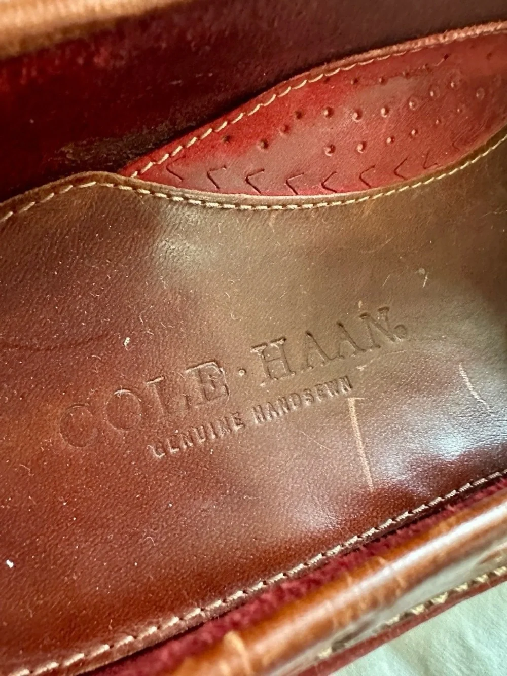 1990s COLE HAAN COUNTRY CAMP MOCCASIN SHOES RED NUBUCK LEATHER BROWN TRIM 11.5M